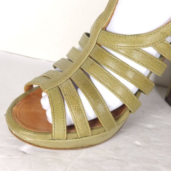 CHIE MIHARA Women's US7-7,5 EU38 Oliv Green Leather Caged Heels Strappy Sandals - Picture 15 of 16